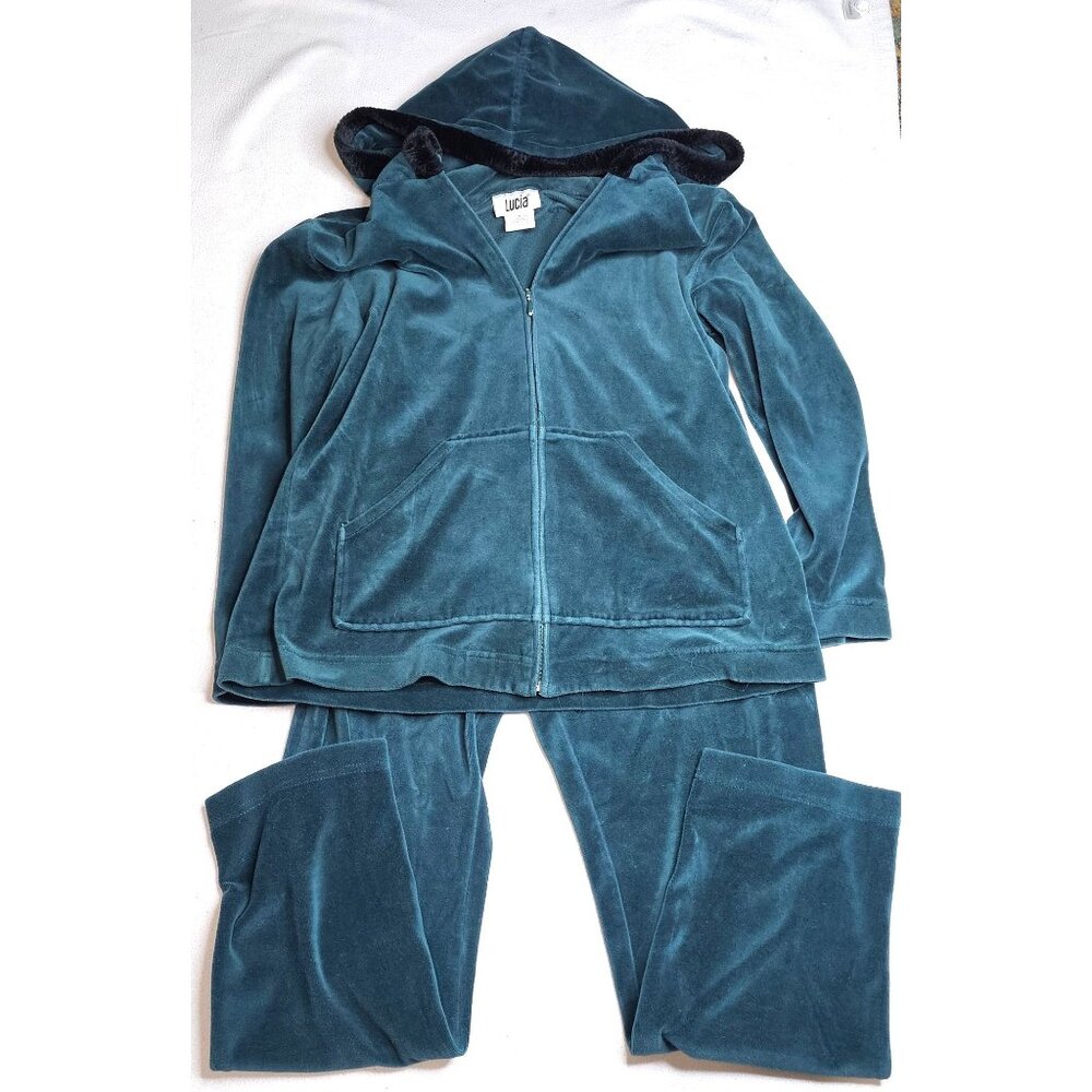 Vtg Lucia Womens Velour Hooded Tracksuit Set Faux Fur Hunter Green Y2K